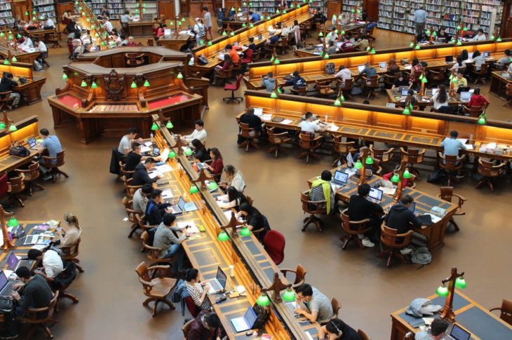 college students studying in a library