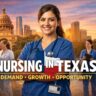 nurses in front of texas buildings